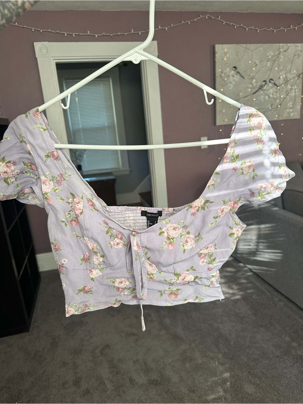 Forever 21 Lavender Floral Tie-Front Crop Top
